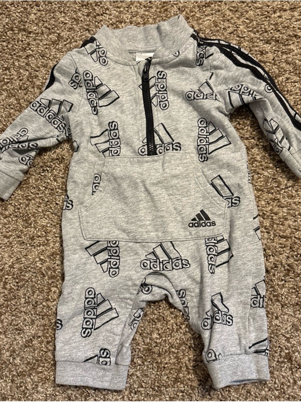 adidas Grey Logo All-Over Print Baby One-Piece Romper